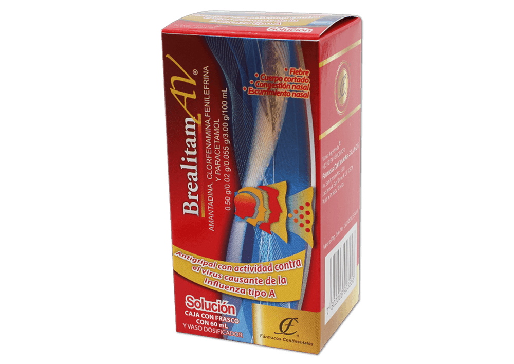 Clorfenamina 0.02 g / Amantadina 0.5 g / Fenilefrina 0.55 g / Paracetamol 3 g / 100 mL BREALITAM C/60 ML