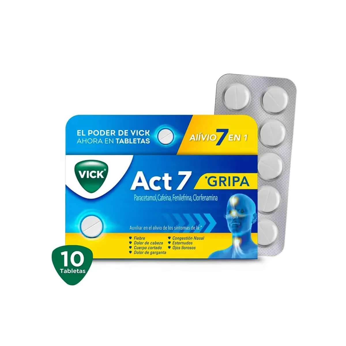 VICK ACT-7 C/10 Tabs Paracetamol, Cafeína, Fenilefrina, Clorfenamina