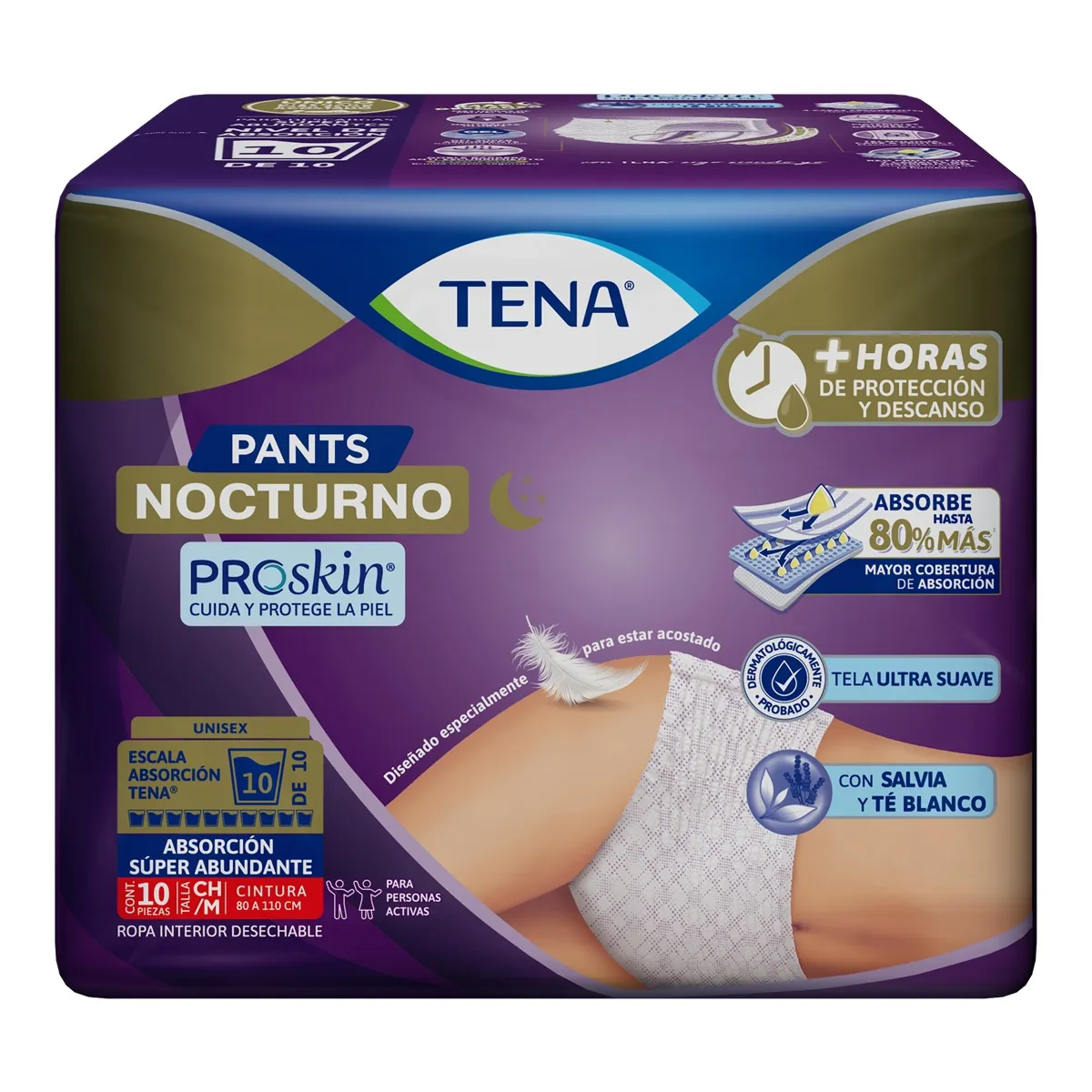 Pants para Adulto TENA Nocturno Talla Chico-Med C/10 piezas