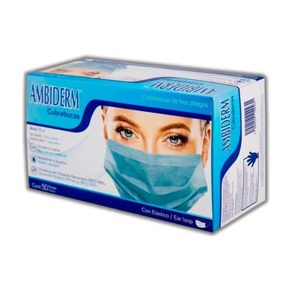 Caja de Cubrebocas Azul Adulto AMBIDERM C/50 Pzas