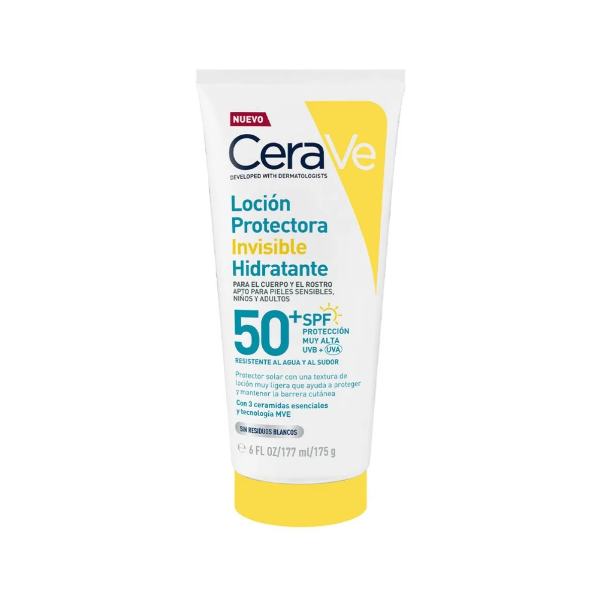 Cerave Loción protectora invisible hidratante SPF 50+ piel sensible rostro y cuerpo