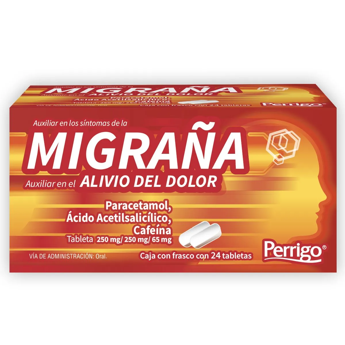 Acetilsalicílico 250 mg / Paracetamol 250 mg / Cafeína 65 mg MIGRAÑA C/24 Tabs