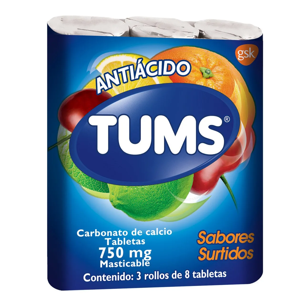 Carbonato de Calcio TUMS EXTRA 3 rollos de C/8 Tabs