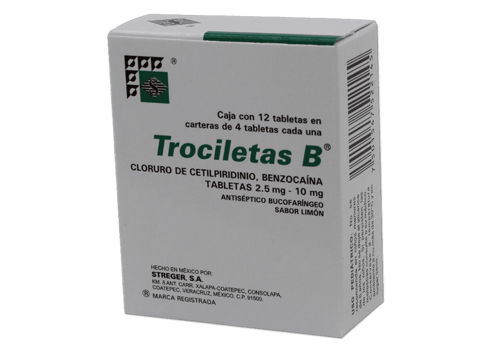 Cetilpiridino 2.5 mg / Benzocaina 10 mg TROCILETAS B Limon C/4 Tabs