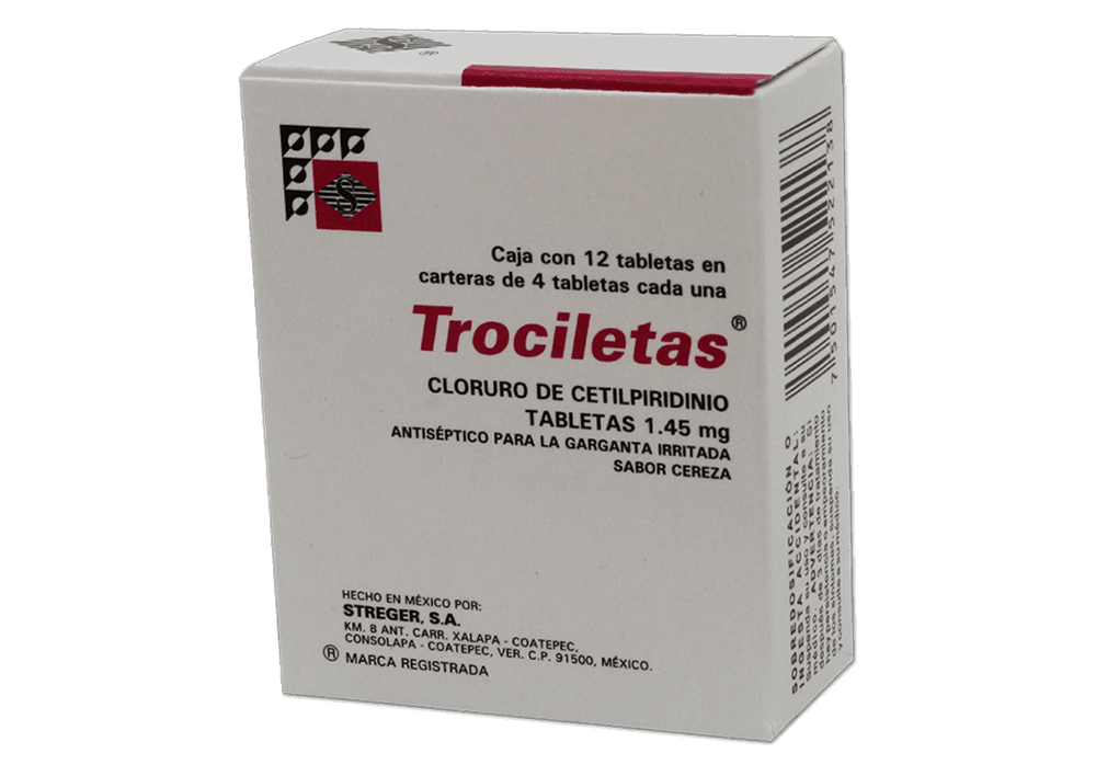 Cetilpiridino 2.5 mg / Benzocaina 10 mg TROCILETAS Cereza C/12 Tabs