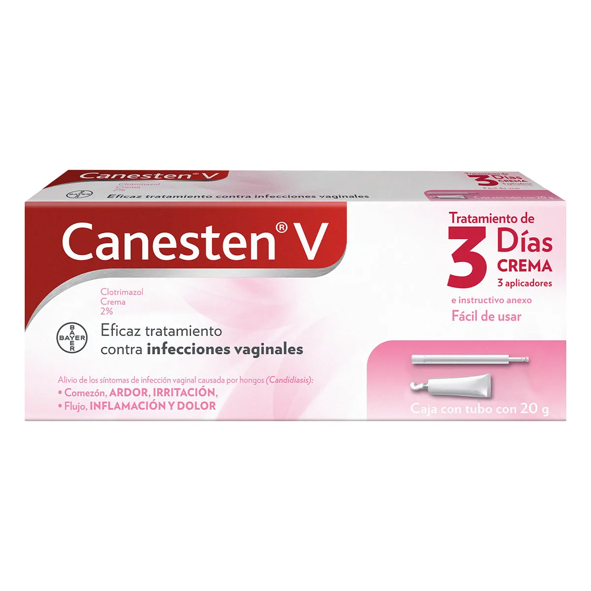 Clotrimazol 2% CANESTEN V Crema 3 Dias C/20 g y 3 aplicadores