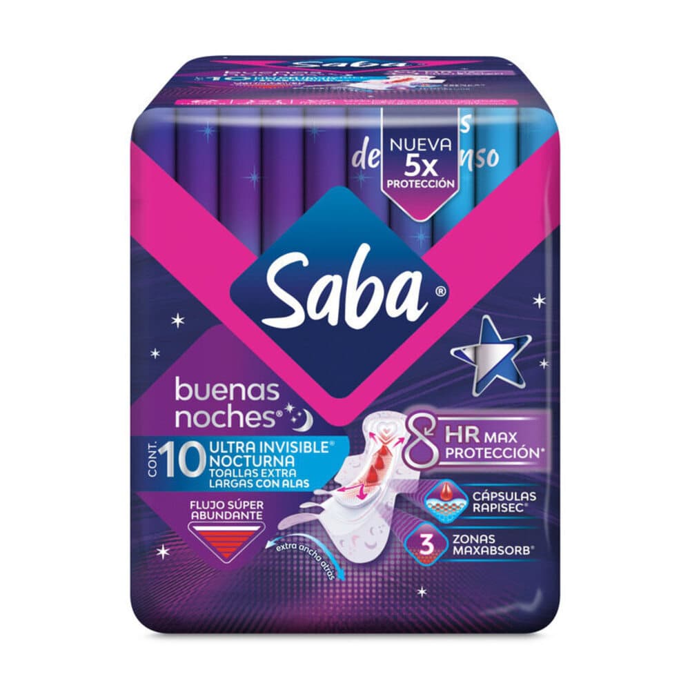 Toalla Femenina SABA Buenas Noches Ultra Invisible C/10 PZAS