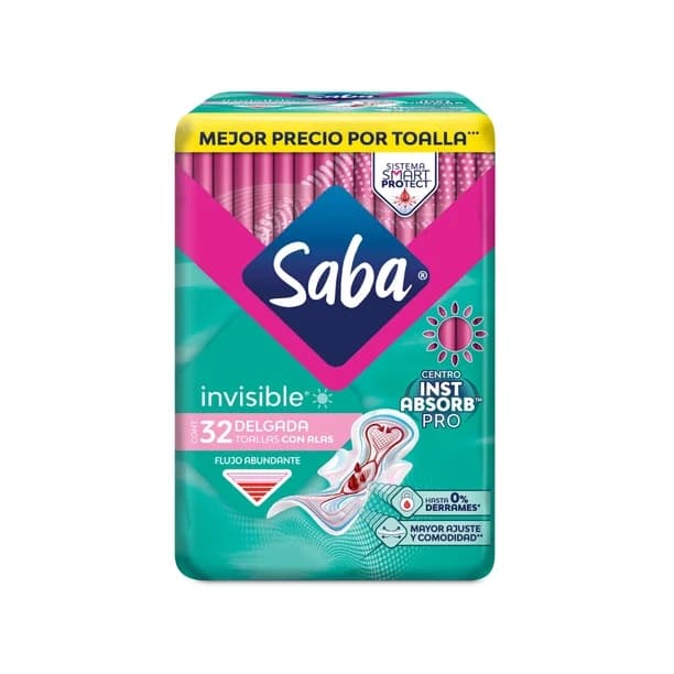 Toalla femenina Saba Invisible delgada con alas flujo abundante 32 pzas