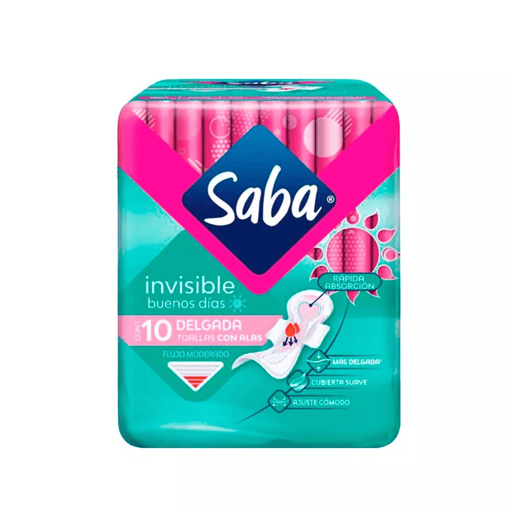 Toalla femenina Saba Invisible delgada con alas flujo abundante C/10 pzas