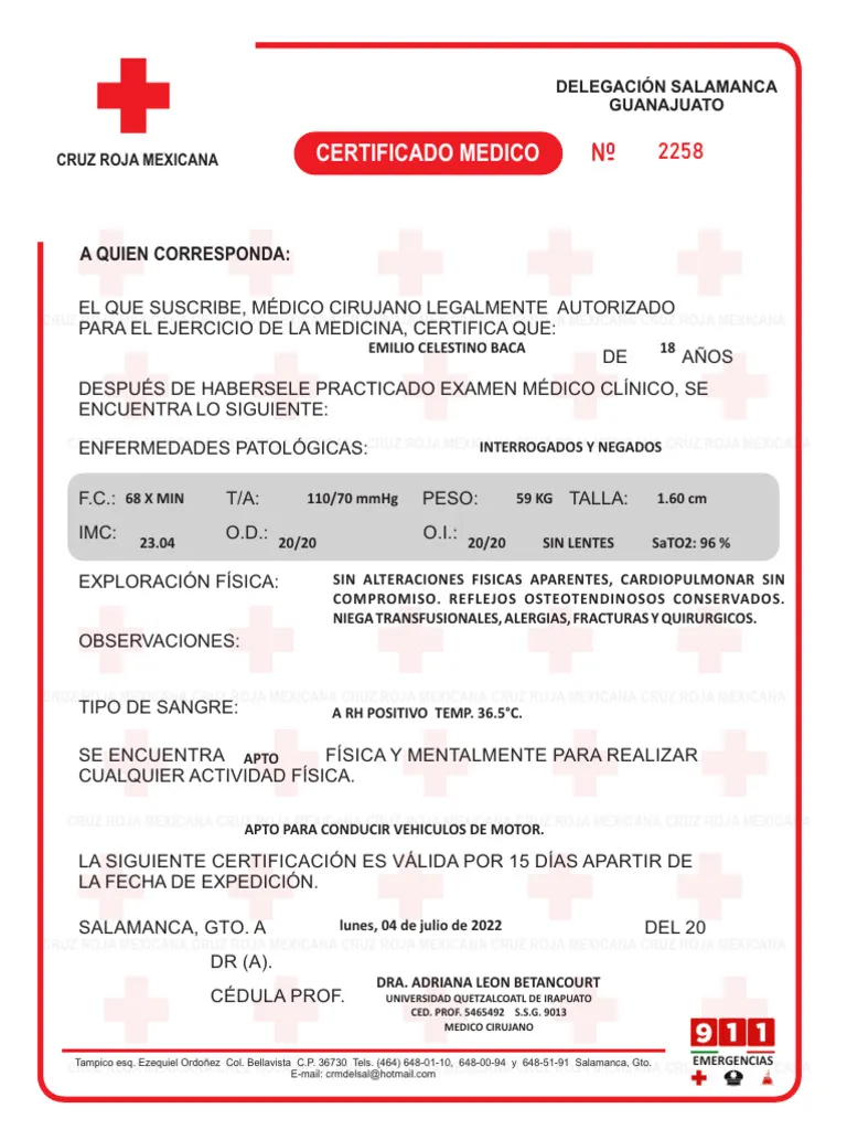 Certificado Médico con Tipo de Sangre