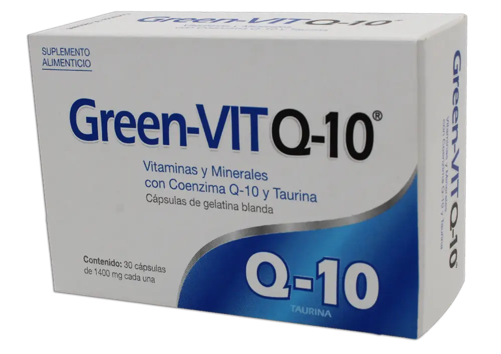 GREEN-VIT Q10 y Taurina Vitaminas B2; A; B1; B6; C; E; Ácido Fólico C/30 Caps